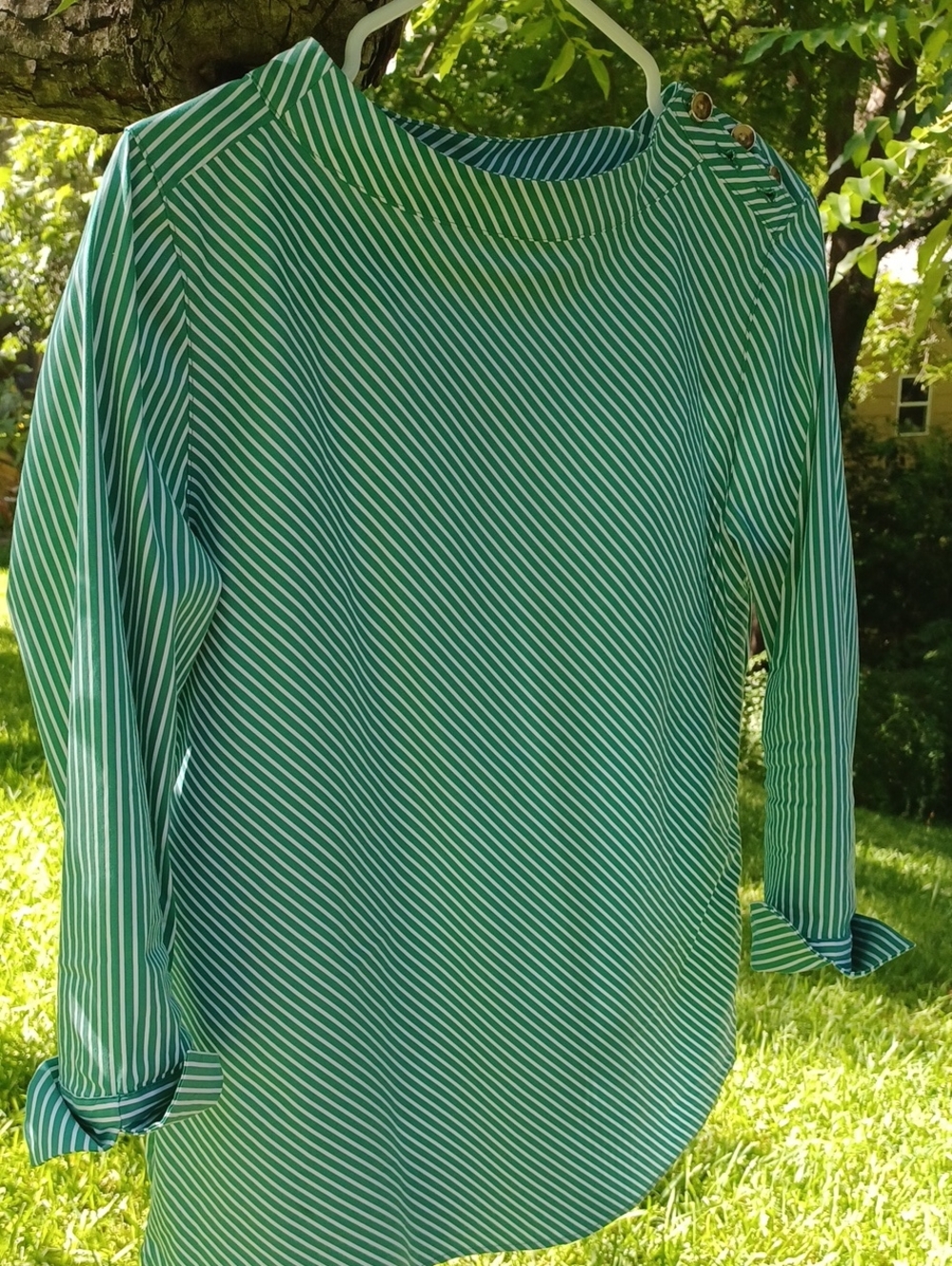 Chico's Green and White Striped Boatneck Top